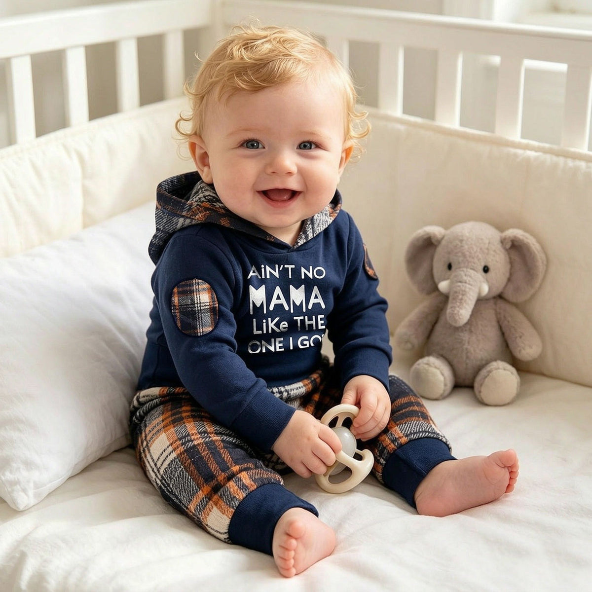 2PCS Cozy Ain't No Mama Letter Plaid Print Hoodie Long Sleeve Baby Set
