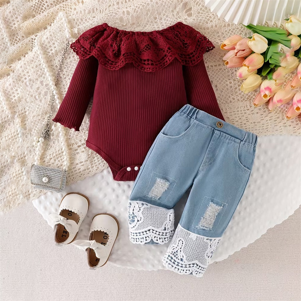 2PCS Solid Color Lace Trim Long Sleeve Baby Set