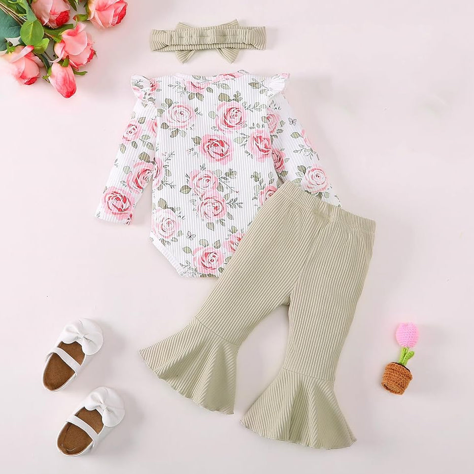 3PCS Fresh Floral Print Bowknot Long Sleeve Baby Girl Set