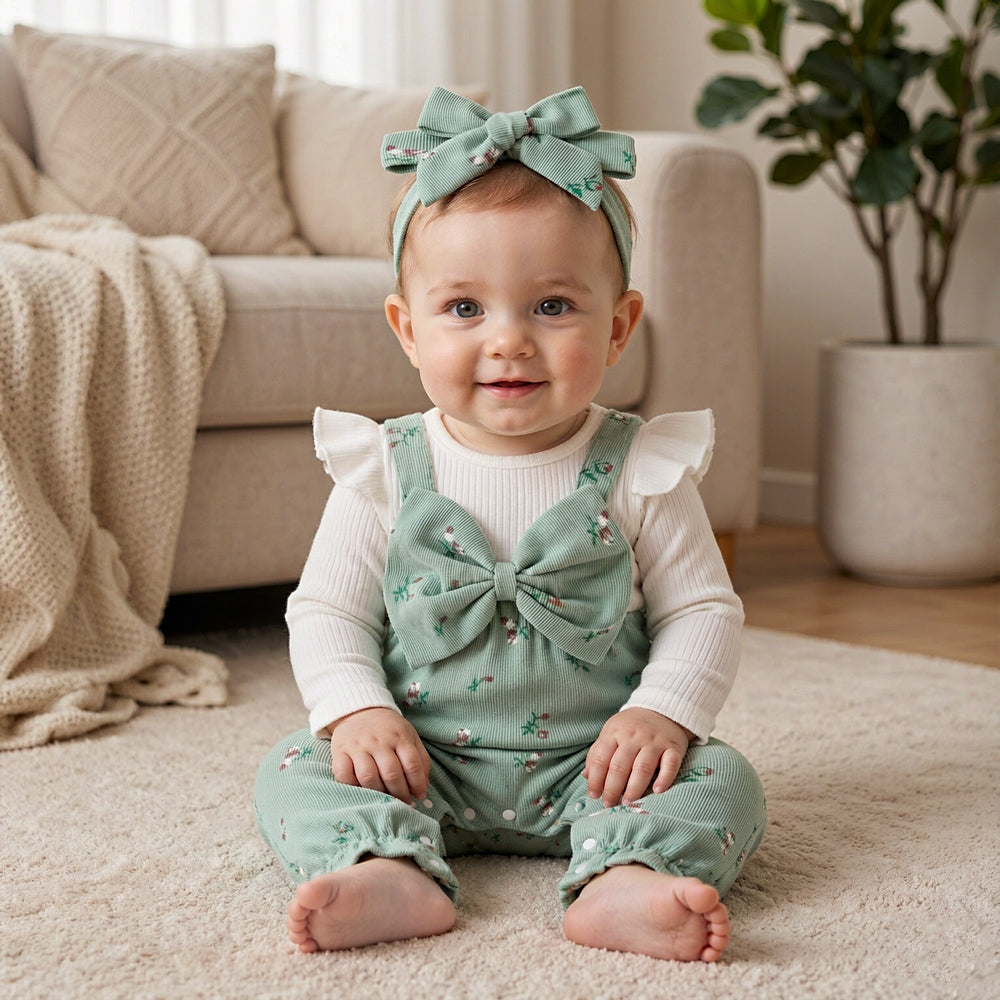 2PCS Cheerful Floral Print Bow Long Sleeve Baby Girl Jumpsuit
