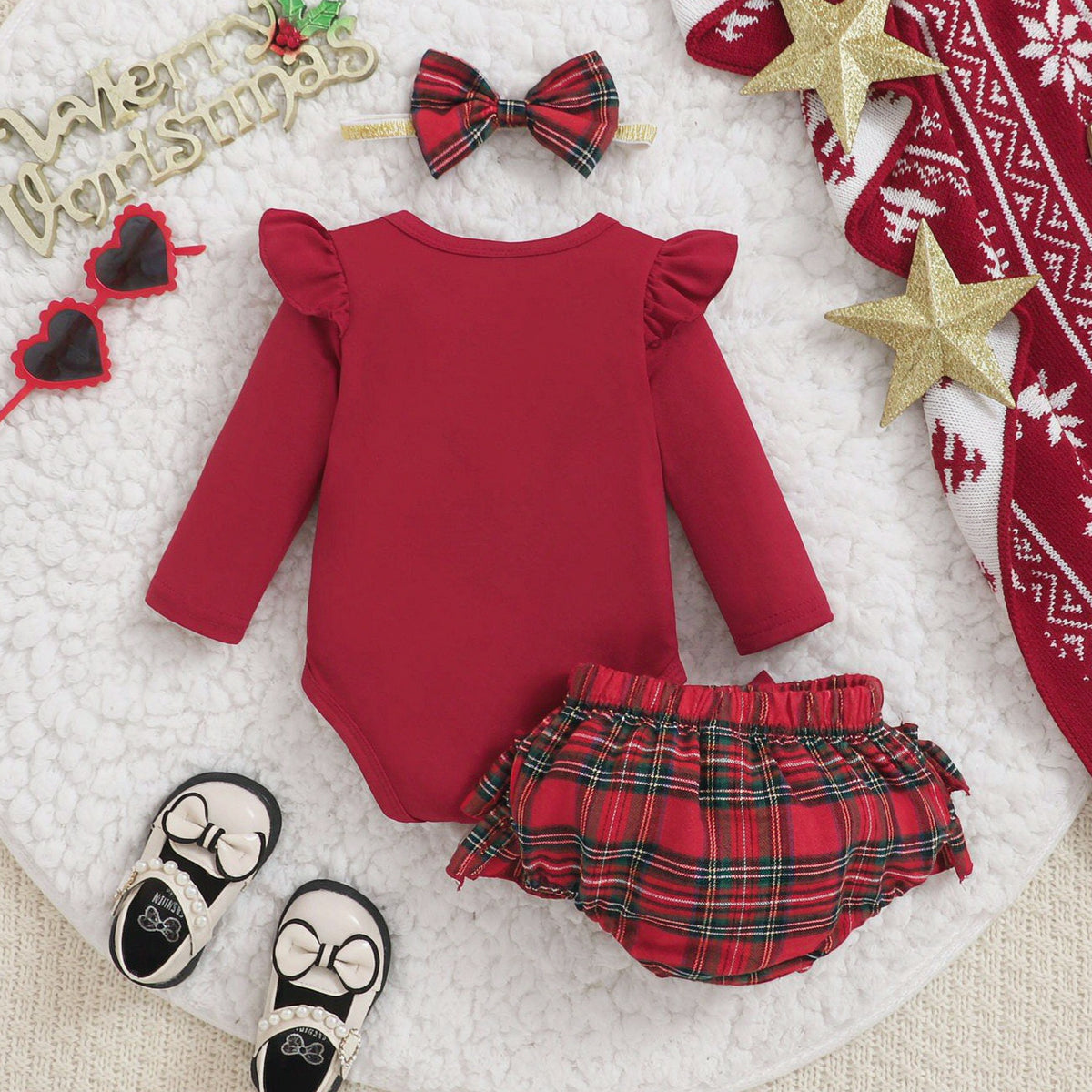 3PCS Christmas Crew Letter Plaid Print Long Sleeve Baby Set