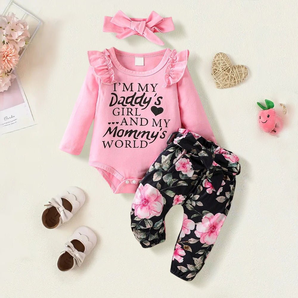 3PCS Pretty Daddy's Girl Mommy's World Letter Floral Printed Baby Set