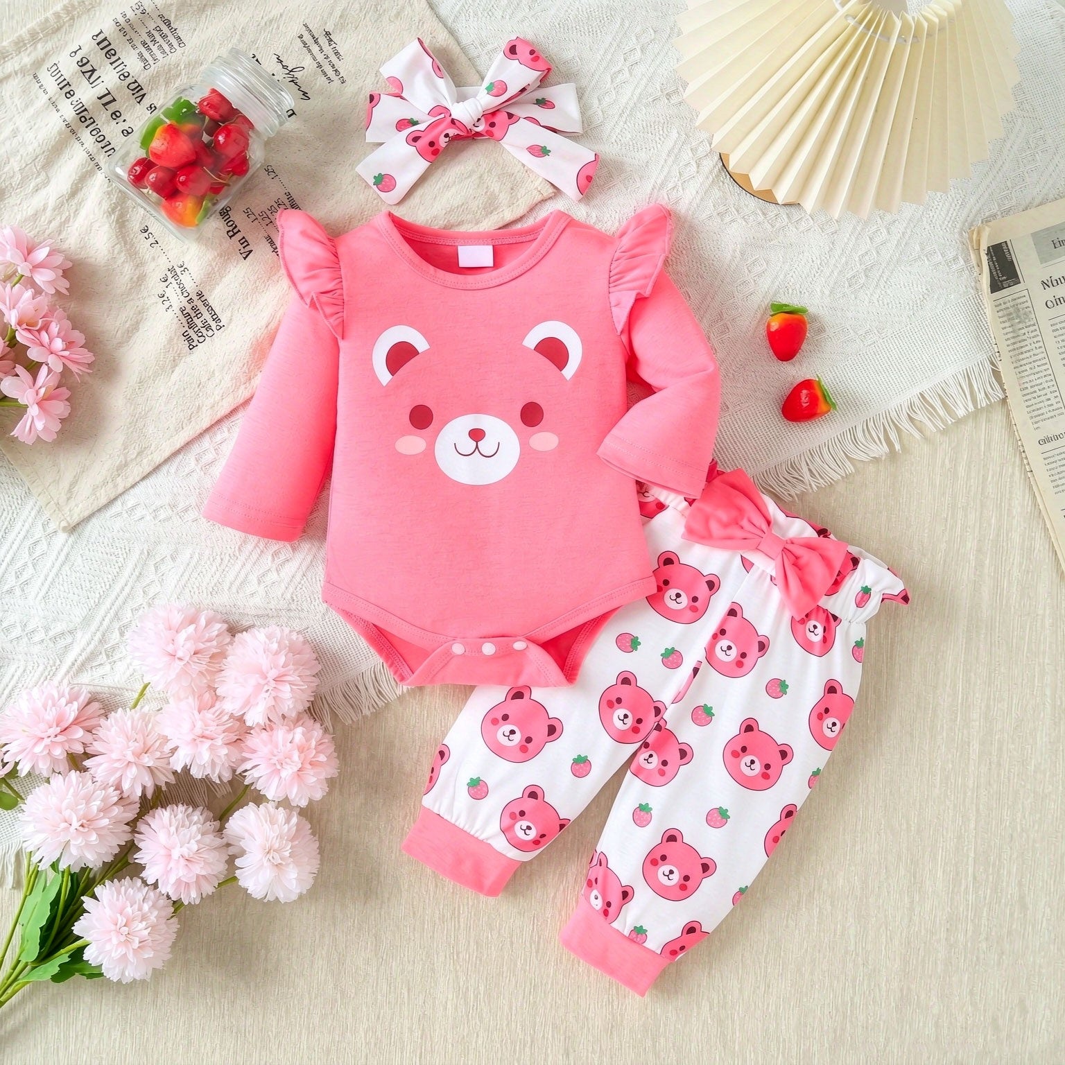 3PCS Lovely Bear Strawberry Print Long Sleeve Baby Set