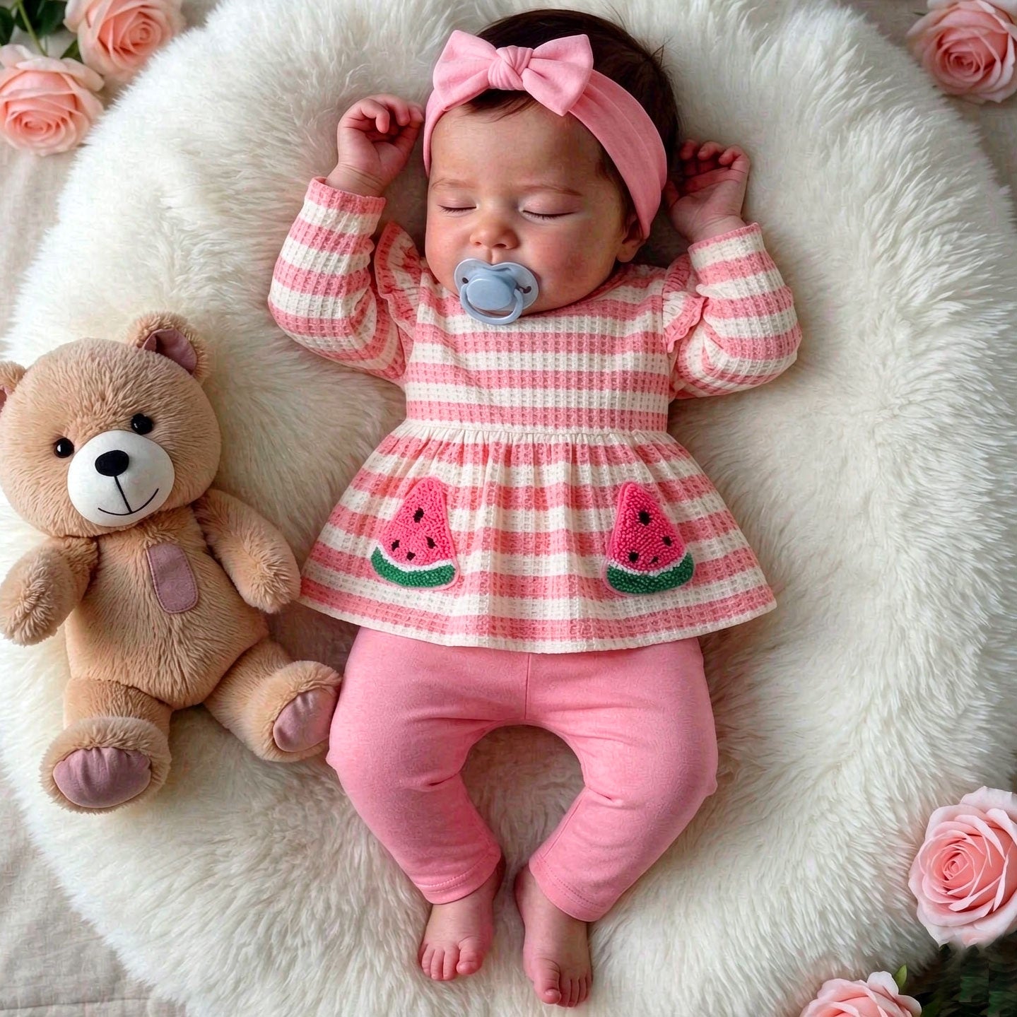 2PCS Watermelon Appliqué Stripe Print Long Sleeve Baby Set