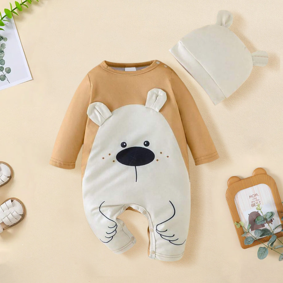 2PCS Cute Bear Print Long Sleeve Baby Jumpsuit