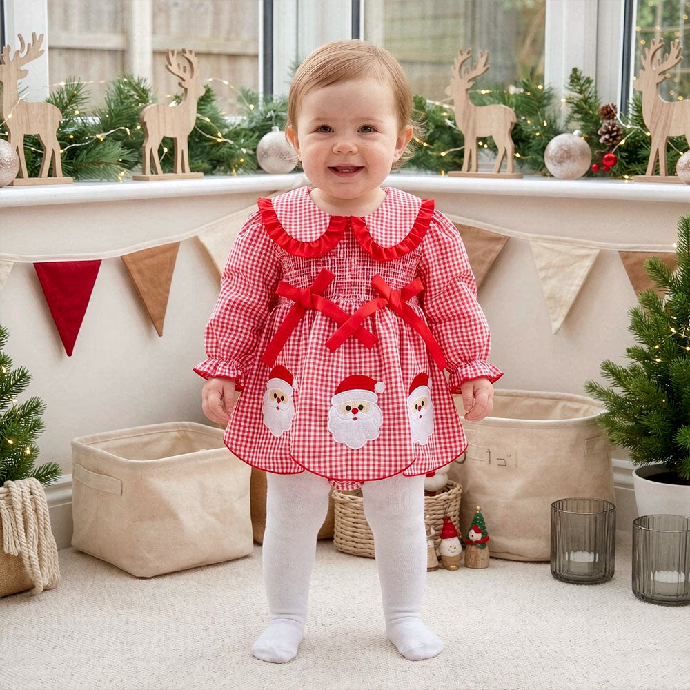 Lovely Christmas Santa Claus Plaid Printed Long Sleeve Baby Romper