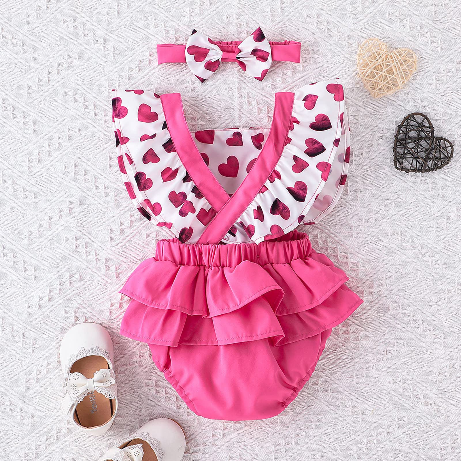 2PCS Stylish Heart Printed Ruffles Bowknot Fly Sleeve Baby Romper