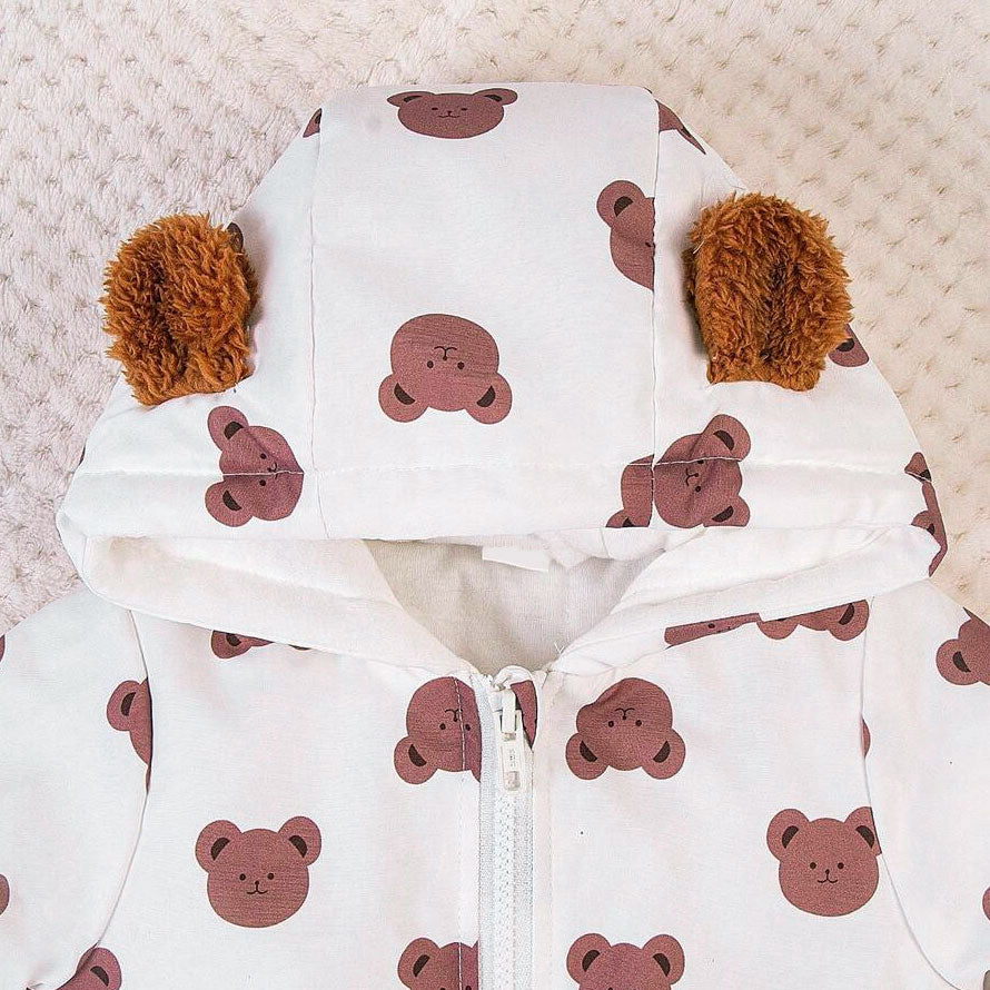 Cozy All-Over Bear Printed Hoodie Long Sleeve Baby Jumpsuit