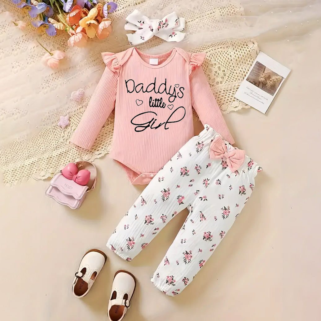 3PCS Daddy's Little Girl Letter Floral Printed Bowknot Decoration Baby Set