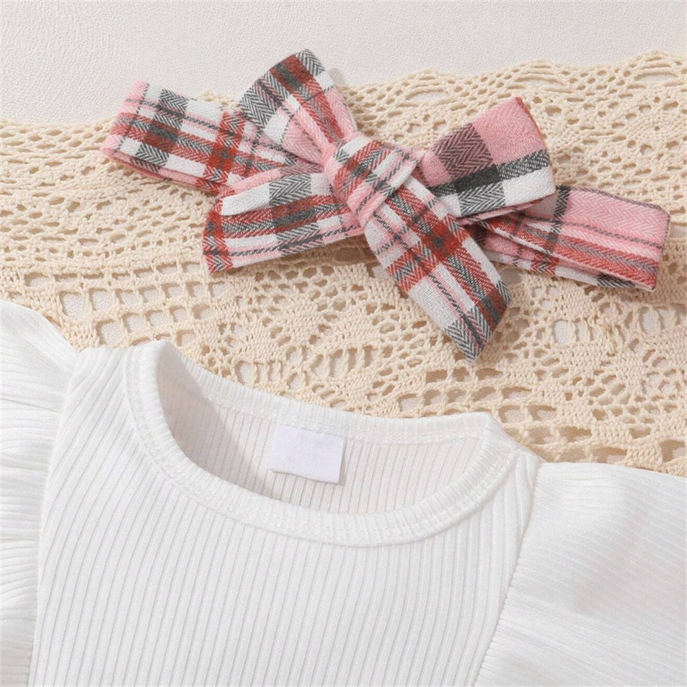 2PCS Stylish Plaid Print Ruffle Shoulder Long Sleeve Baby Romper