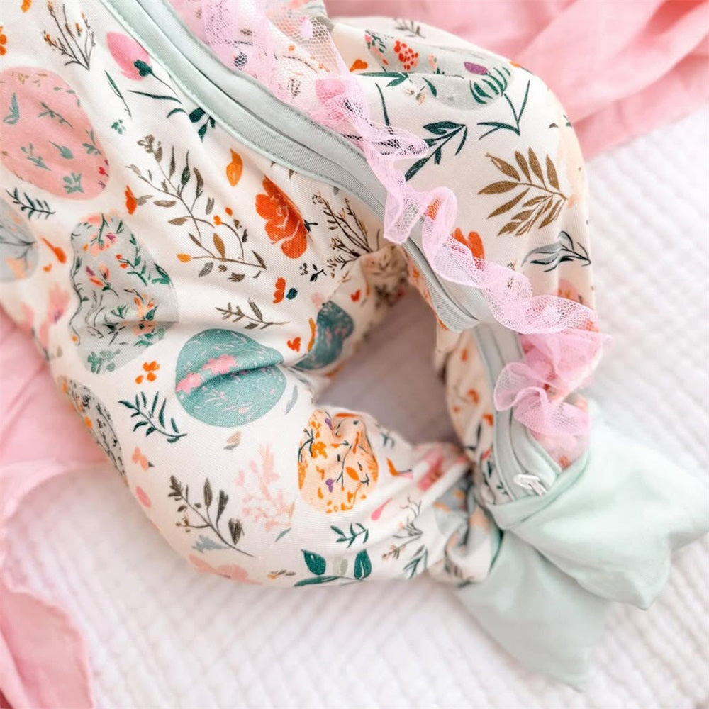 2PCS Pretty Floral Printed Long Sleeve Lace Trim Baby Jumpsuit