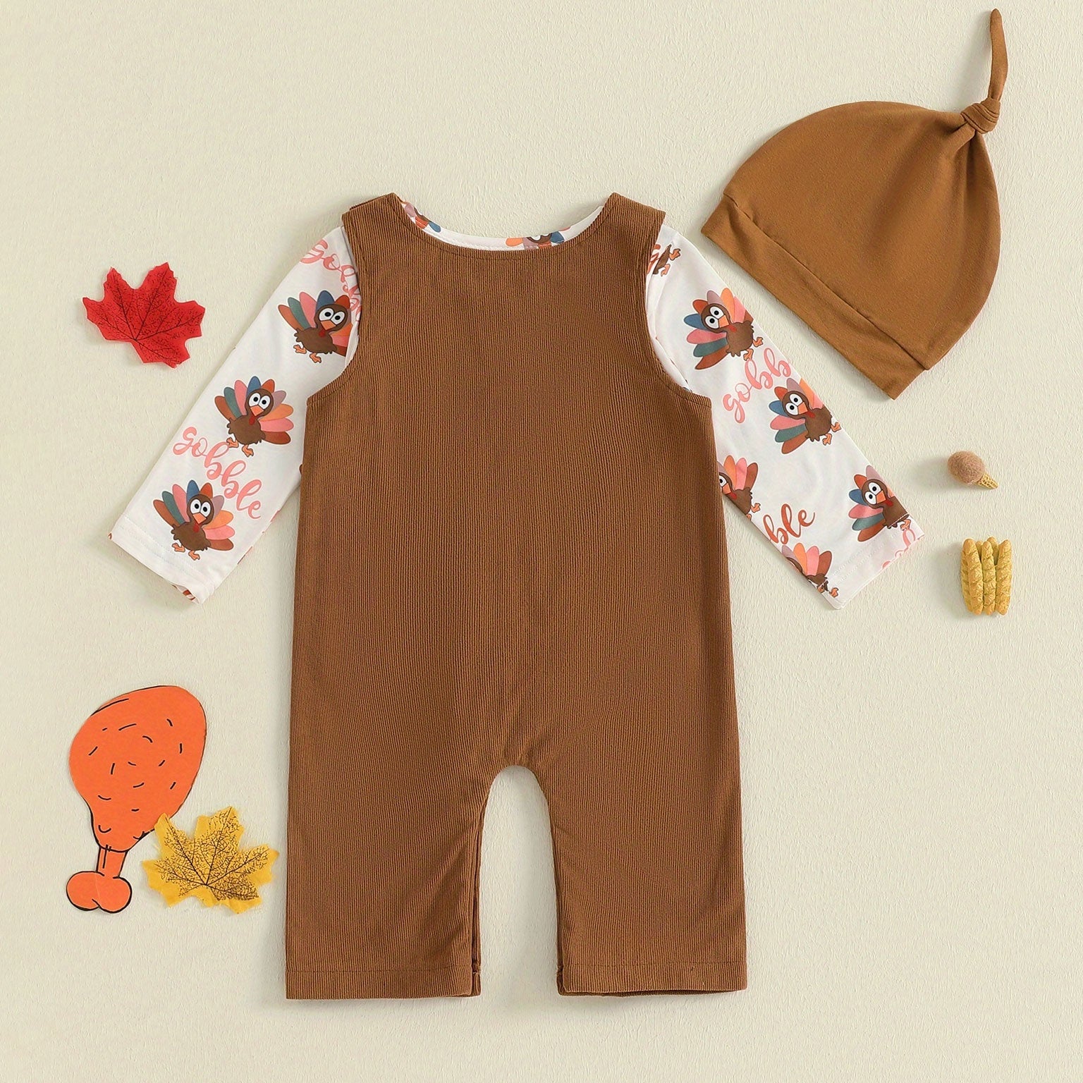 3PCS My 1st Thanksgiving Letter Turkey Print Overalls Baby Set