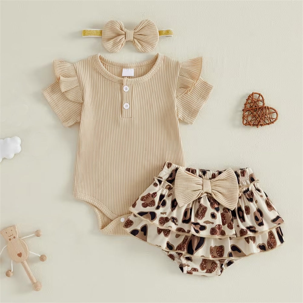 3PCS Summer Stylish Leopard Printed Short Sleeve Baby Set
