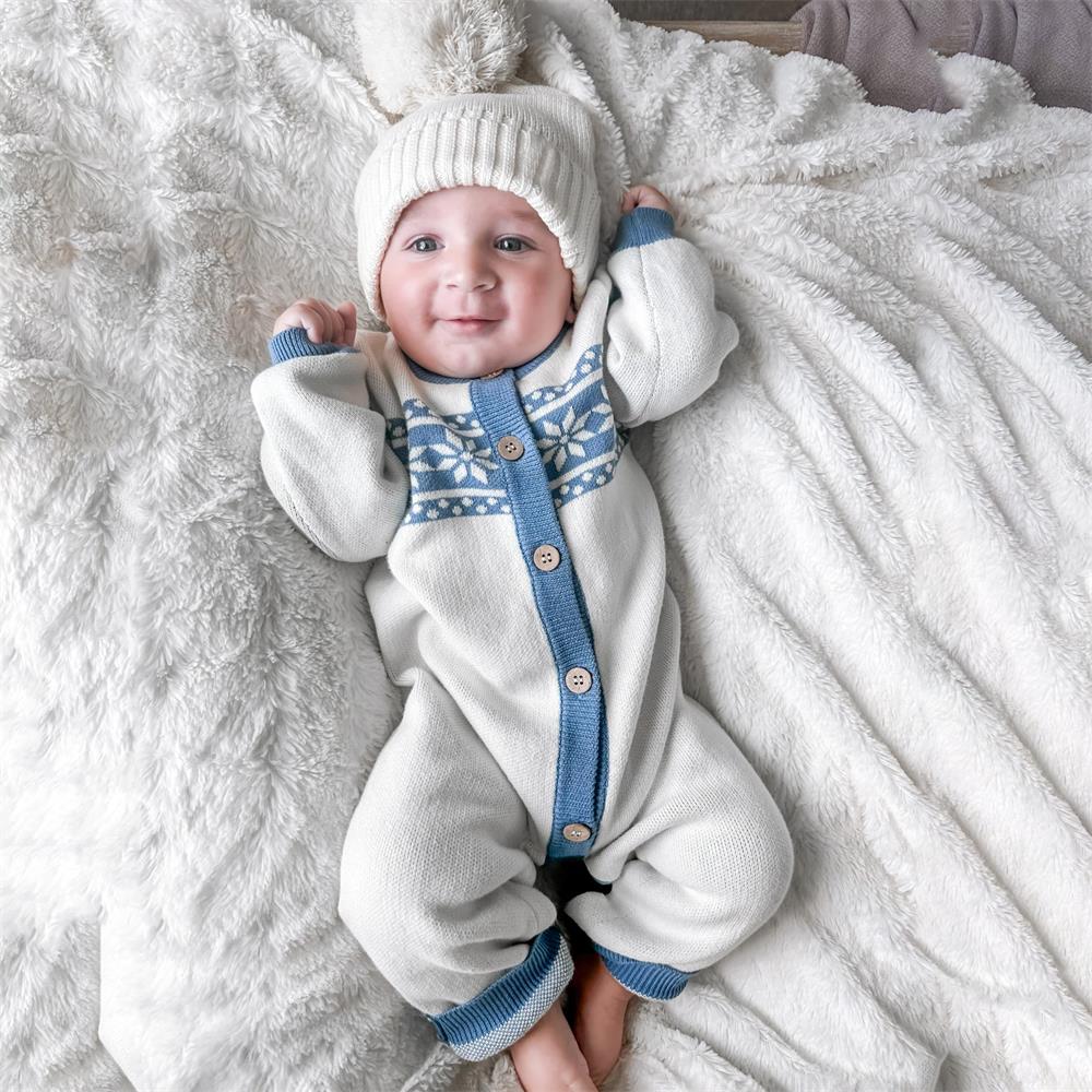 Comfy Striped Snowflakes Knit Long Sleeve Baby Jumpsuit