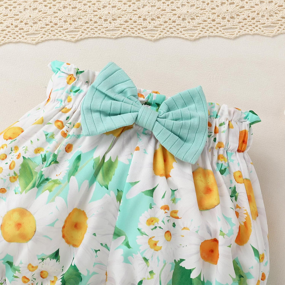 3PCS Fresh Floral Print Bowknot Flounce Sleeve Baby Set