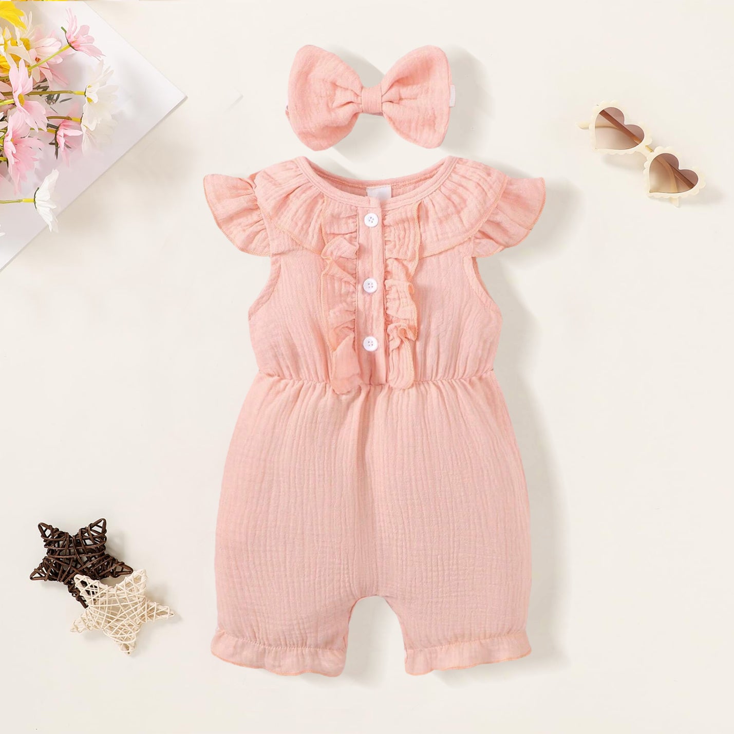 2PCS Sweet Solid Color Sleeveless Baby Jumpsuit