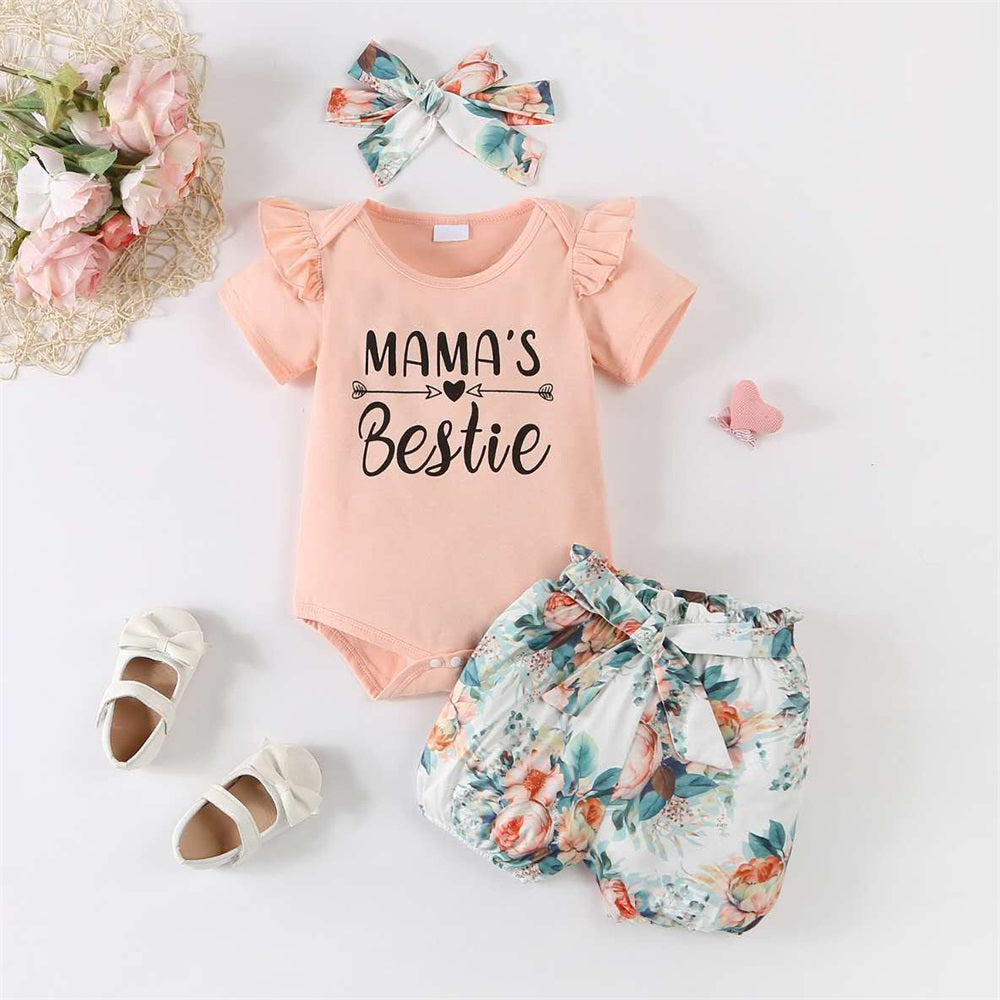 3PCS Mommy's Bestie Letter Floral Printed Ruffled Short Sleeve Baby Set