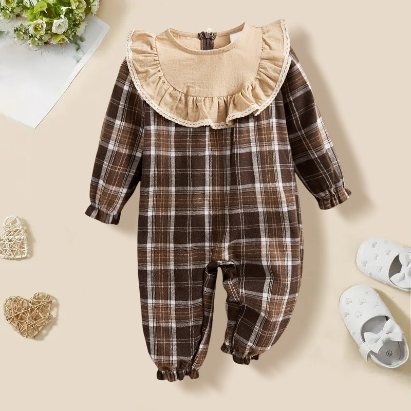 Plaid Print Ruffle Long Sleeve Baby Jumpsuit