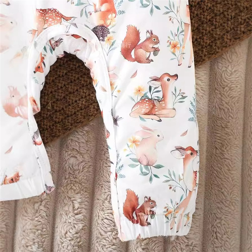 2PCS Cute Little Animals Print Long Sleeve Baby Jumpsuit