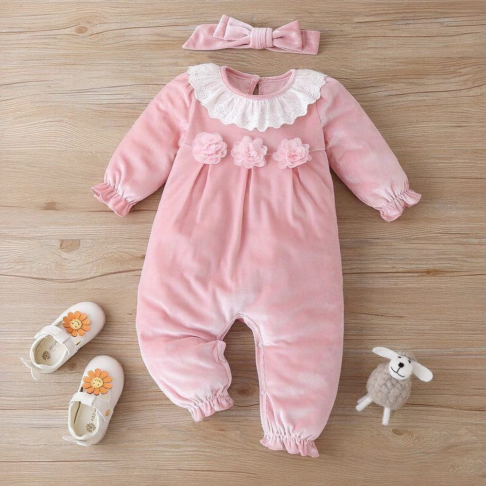 2PCS Winsome Solid Color Floral Applique Velvet Baby Jumpsuit