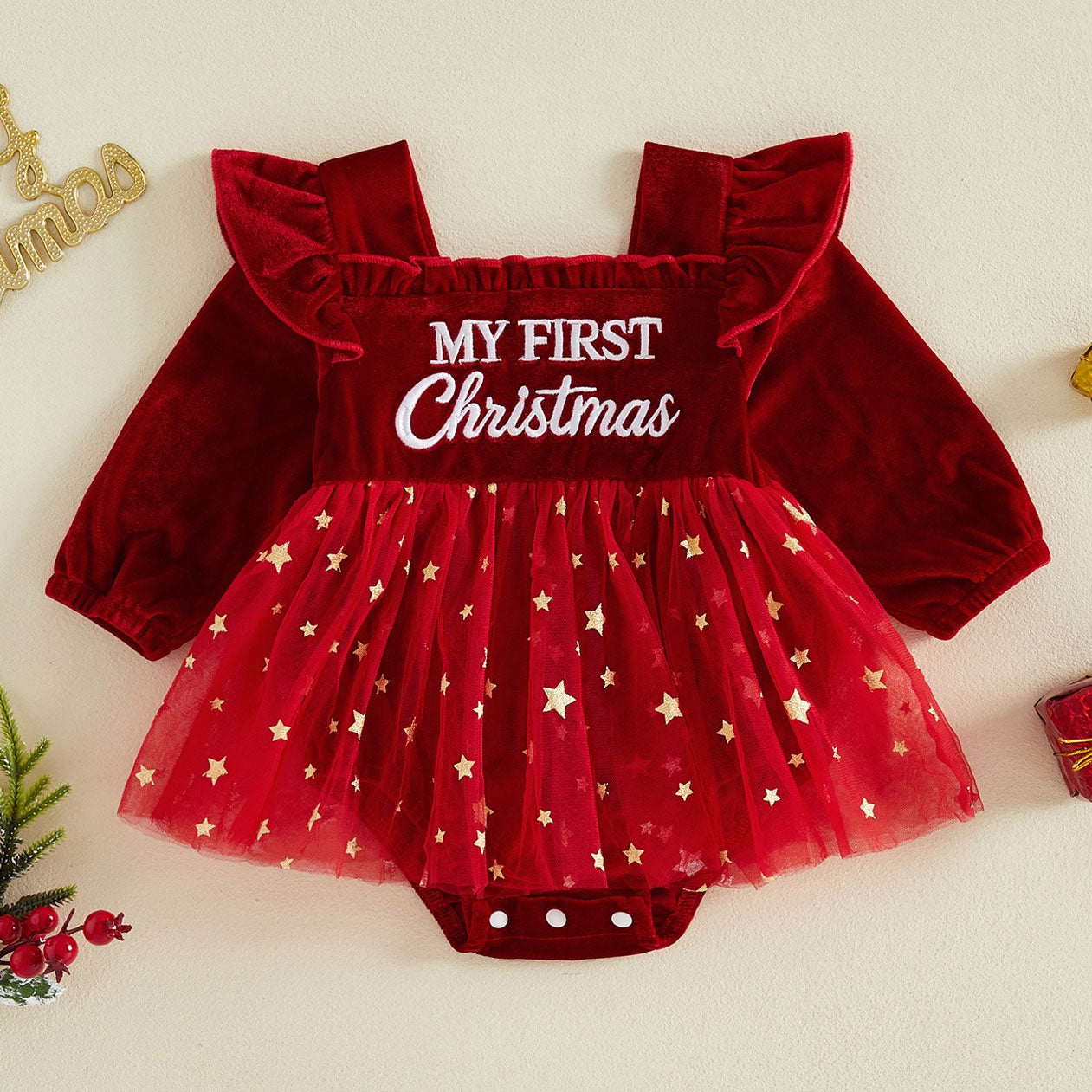 My First Christmas Letter Embroidery Star Printed Velvet Baby Romper