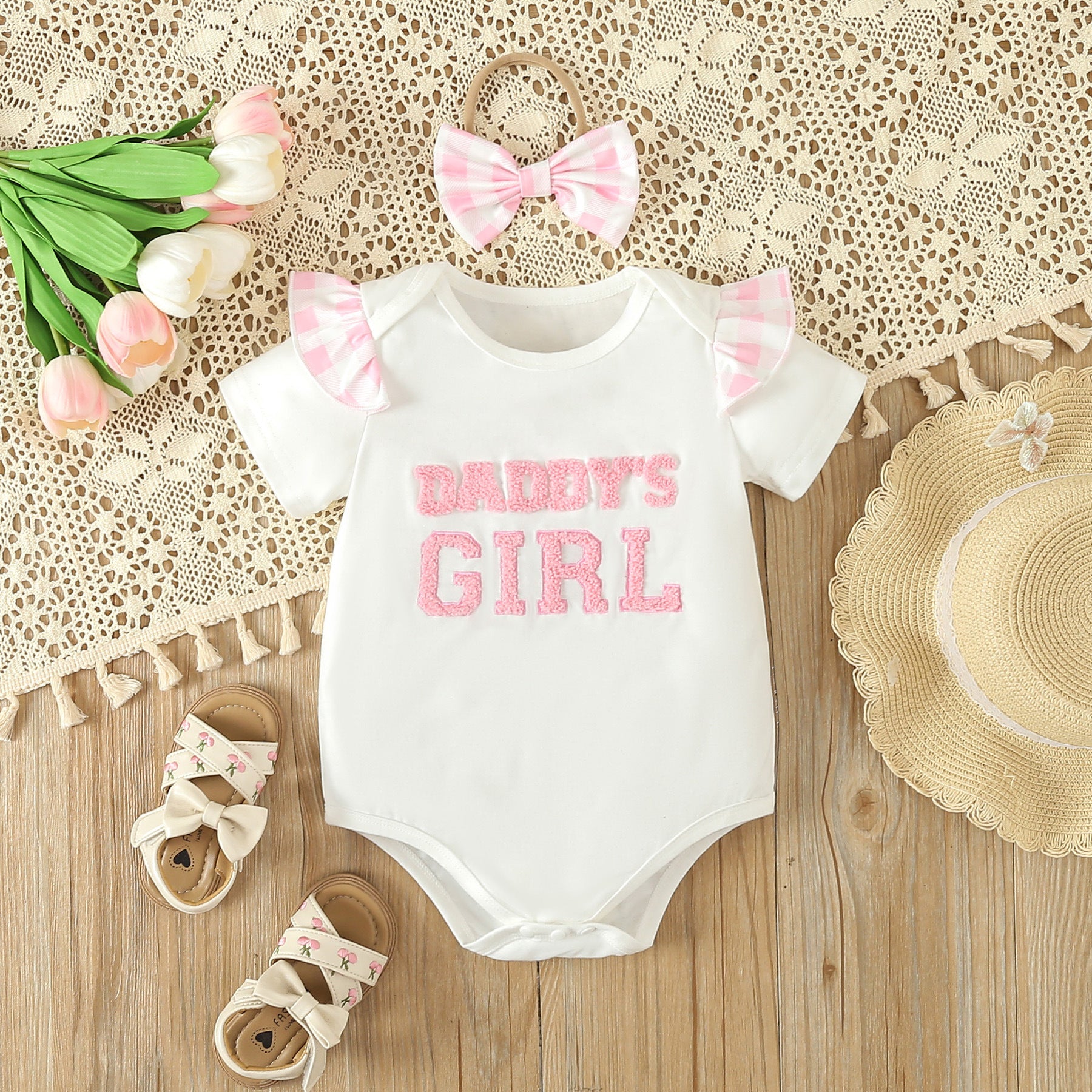 3PCS Daddy's Girl Letter Embroidery Plaid Printed Baby Set