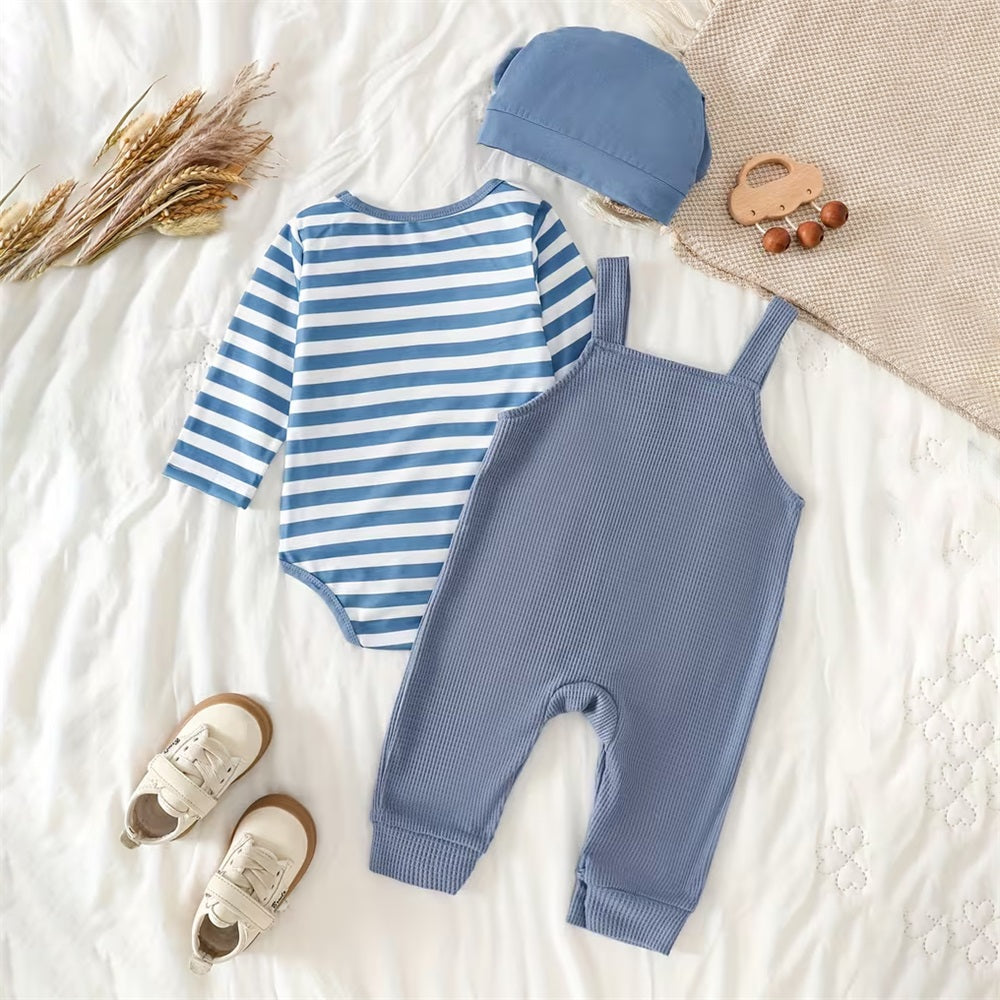 3PCS Casual Puppy Print Striped Long Sleeve Baby Set