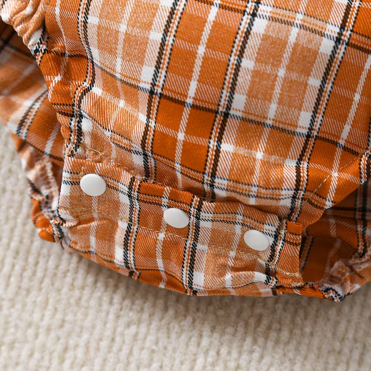 2PCS Thanksgiving Turkey Applique Plaid Printed Long Sleeve Baby Romper