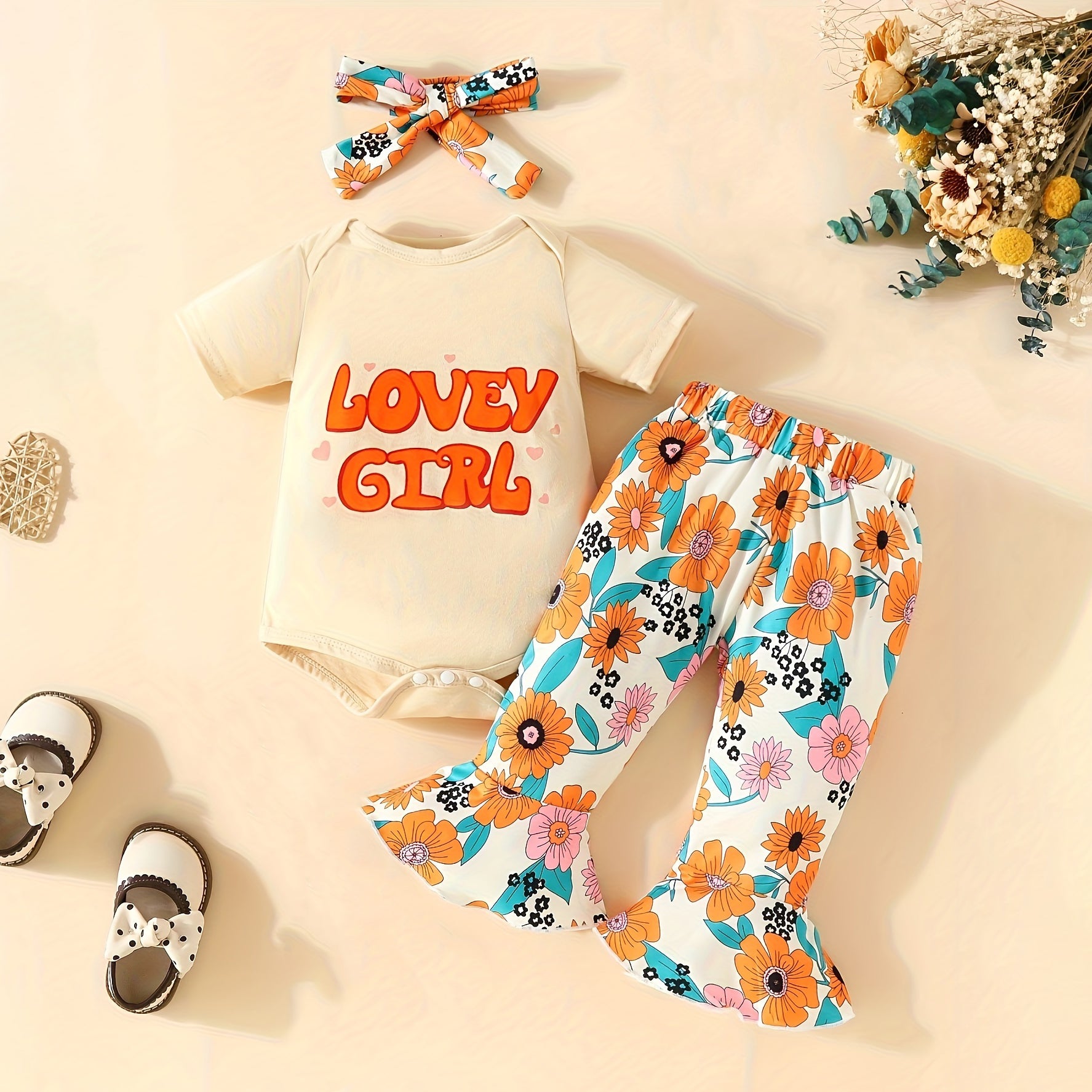 3PCS Lovey Girl Letter Floral Printed Long Sleeve Baby Set