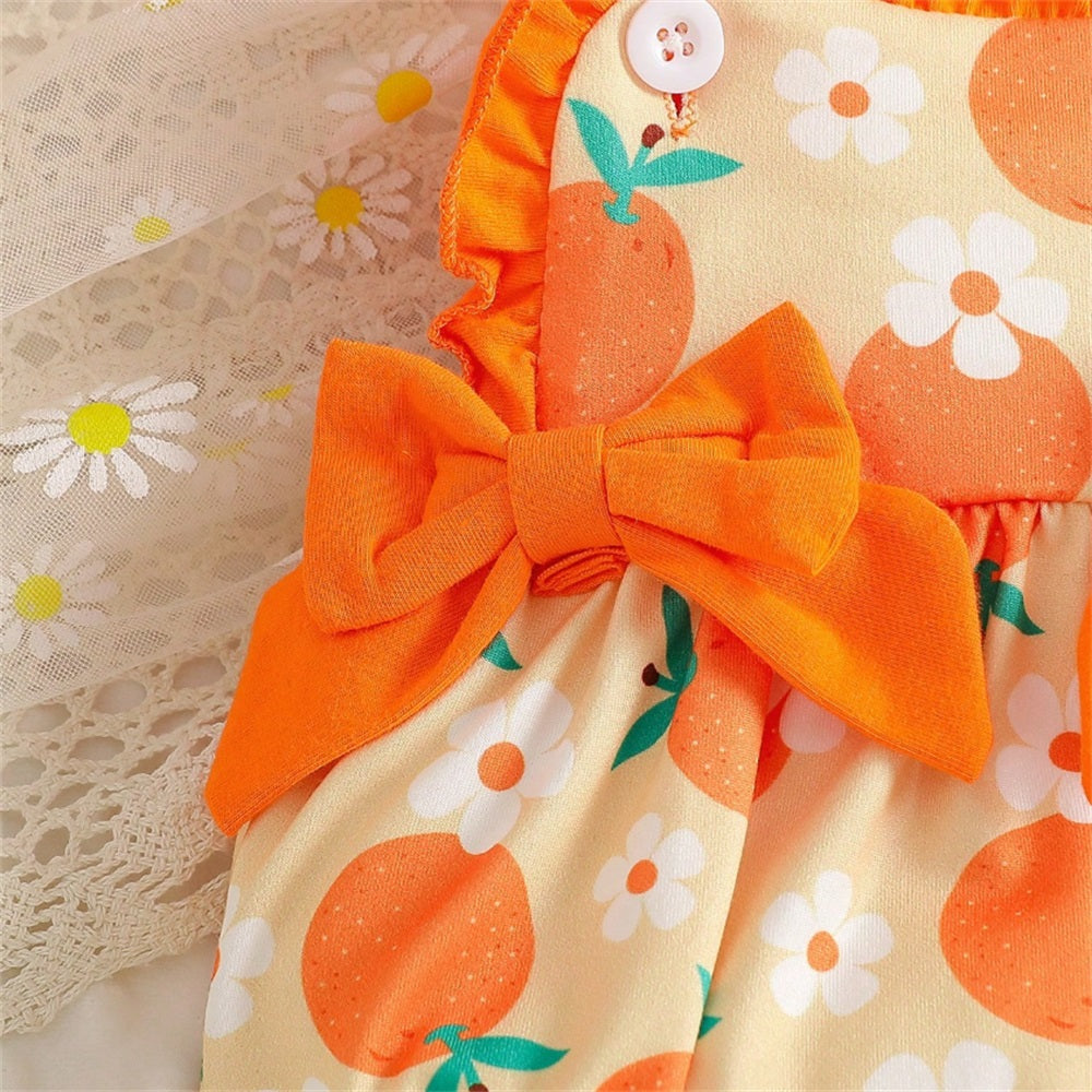 2PCS Casual Orange and Floral Printed Sleeveless Baby Romper
