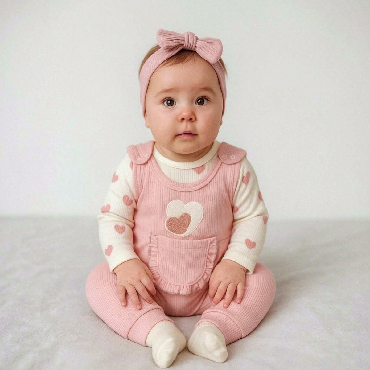 3PCS Grace Heart Applique Long Sleeve Baby Overalls Set