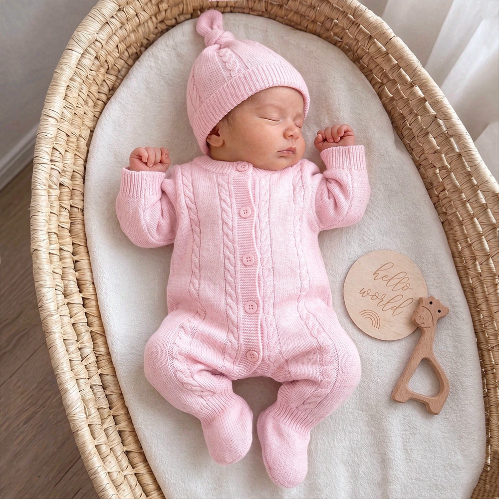 2PCS Soft Solid Color Knitted Long Sleeve Baby Jumpsuit