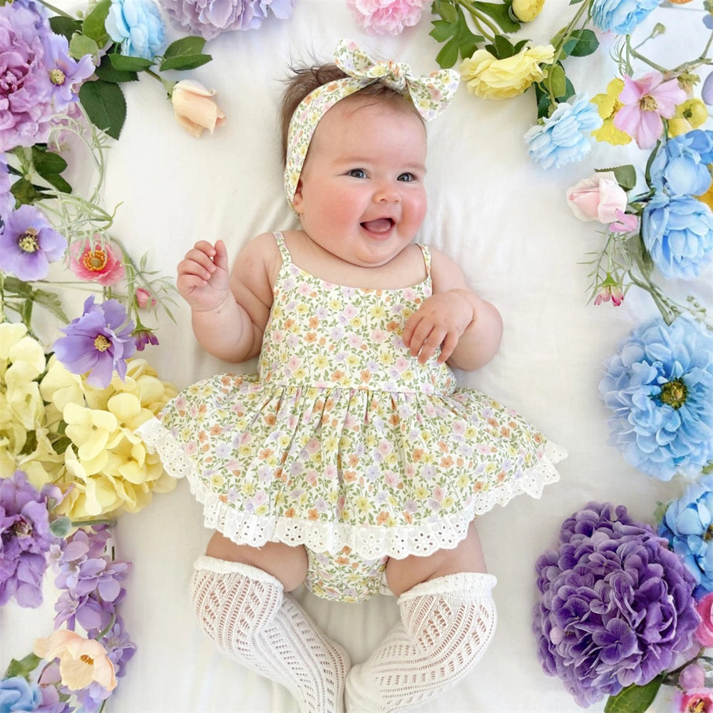 2PCS Pretty Floral Printed Sleeveless Baby Romper
