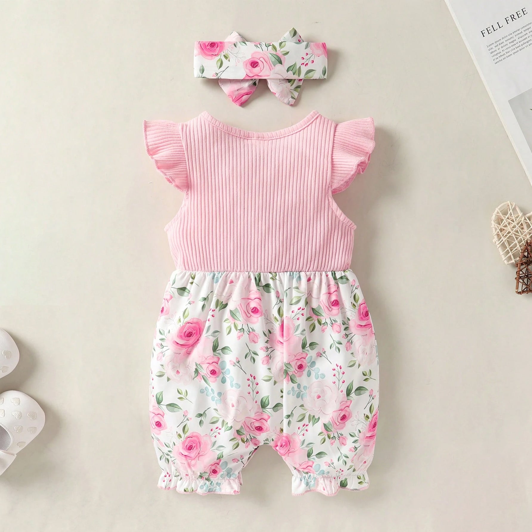 2PCS Dainty Summer Floral Printed Fly Sleeve Baby Jumpsuit