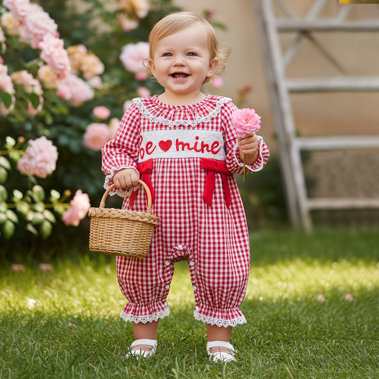 Lovely Be Mine Letter Plaid Print Baby Jumpsuit