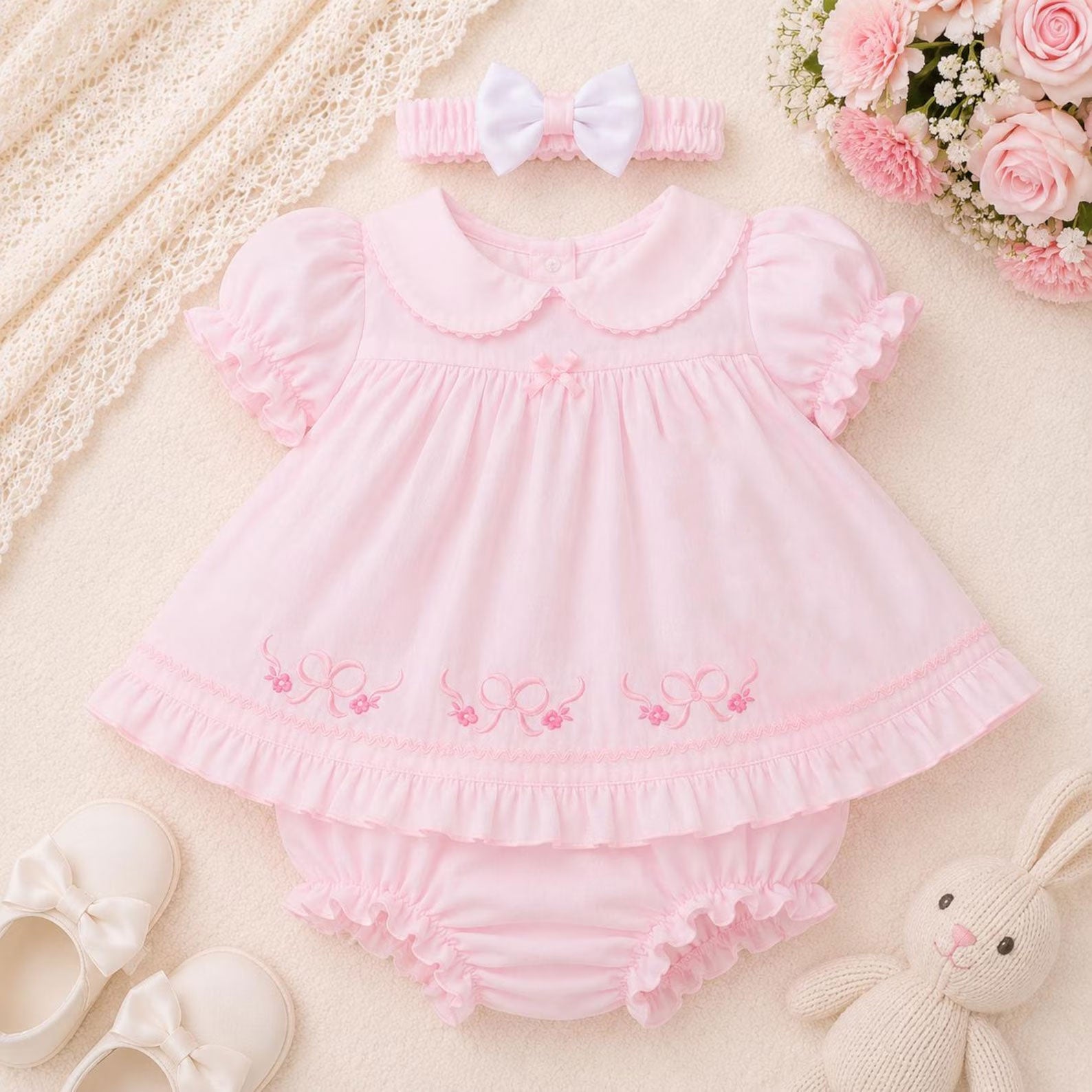 2PCS Sweet Floral Bow Embroidered Short Sleeve Baby Romper