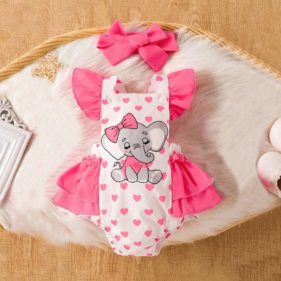 2PCS Sweet Elephant Heart Printed Sleeveless Baby Romper