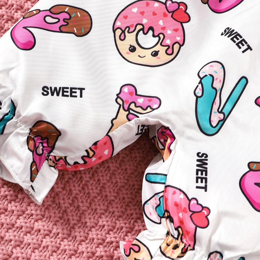 2PCS Lovely Donut Print Ruffle Sleeveless Baby Jumpsuit