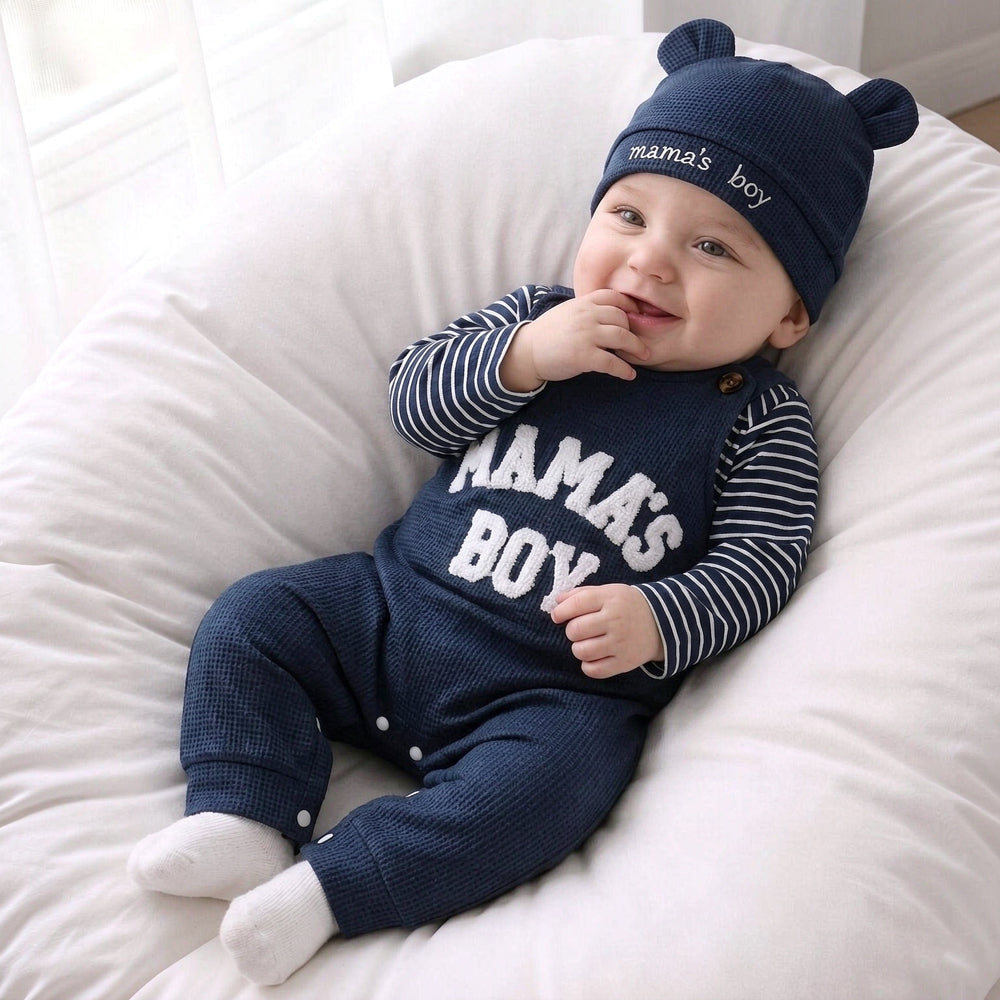 3PCS Mama's Boy Letter Applique Stripe Print Long Sleeve Baby Overalls Set