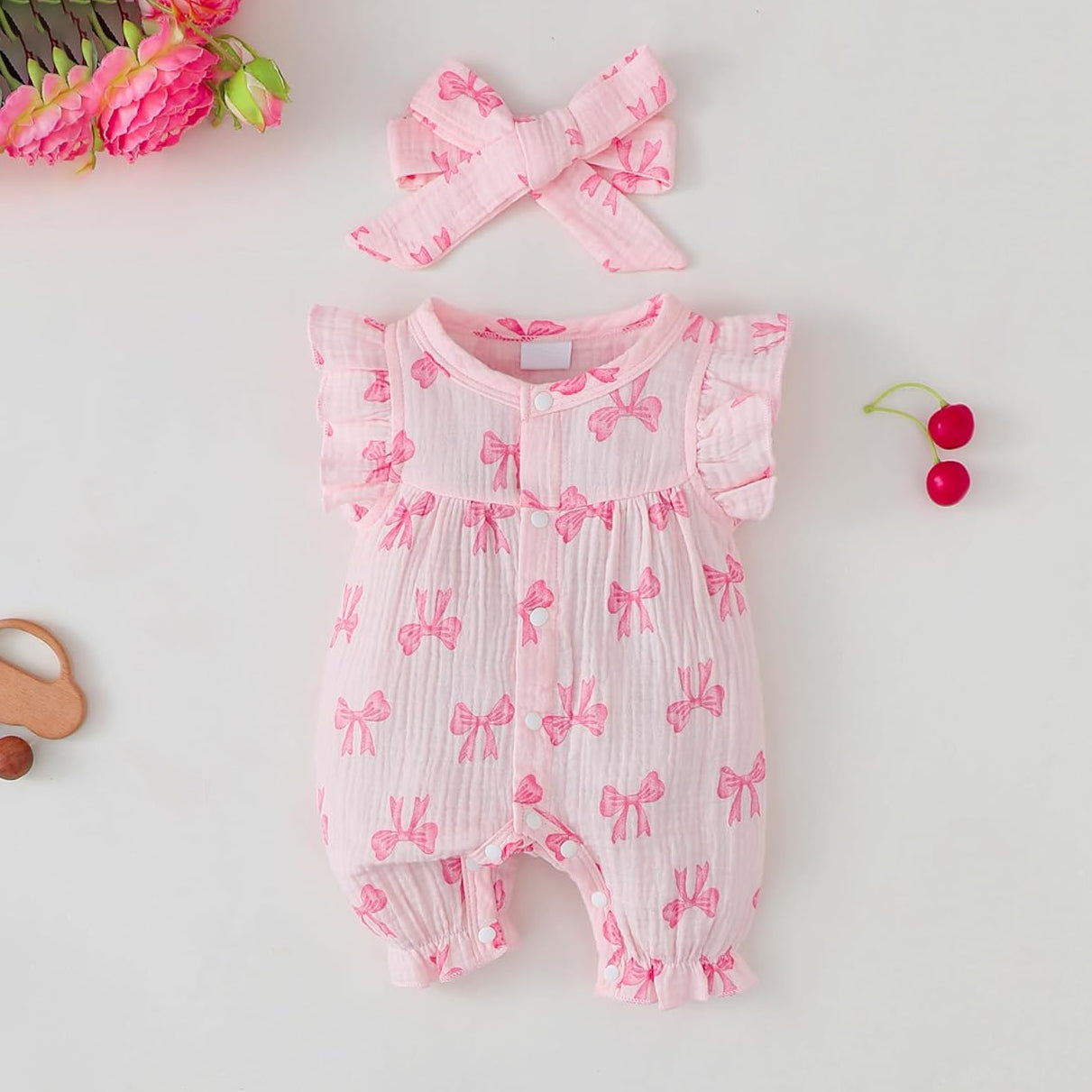 2PCS Lovely Bow Print Ruffle Sleeveless Baby Jumpsuit