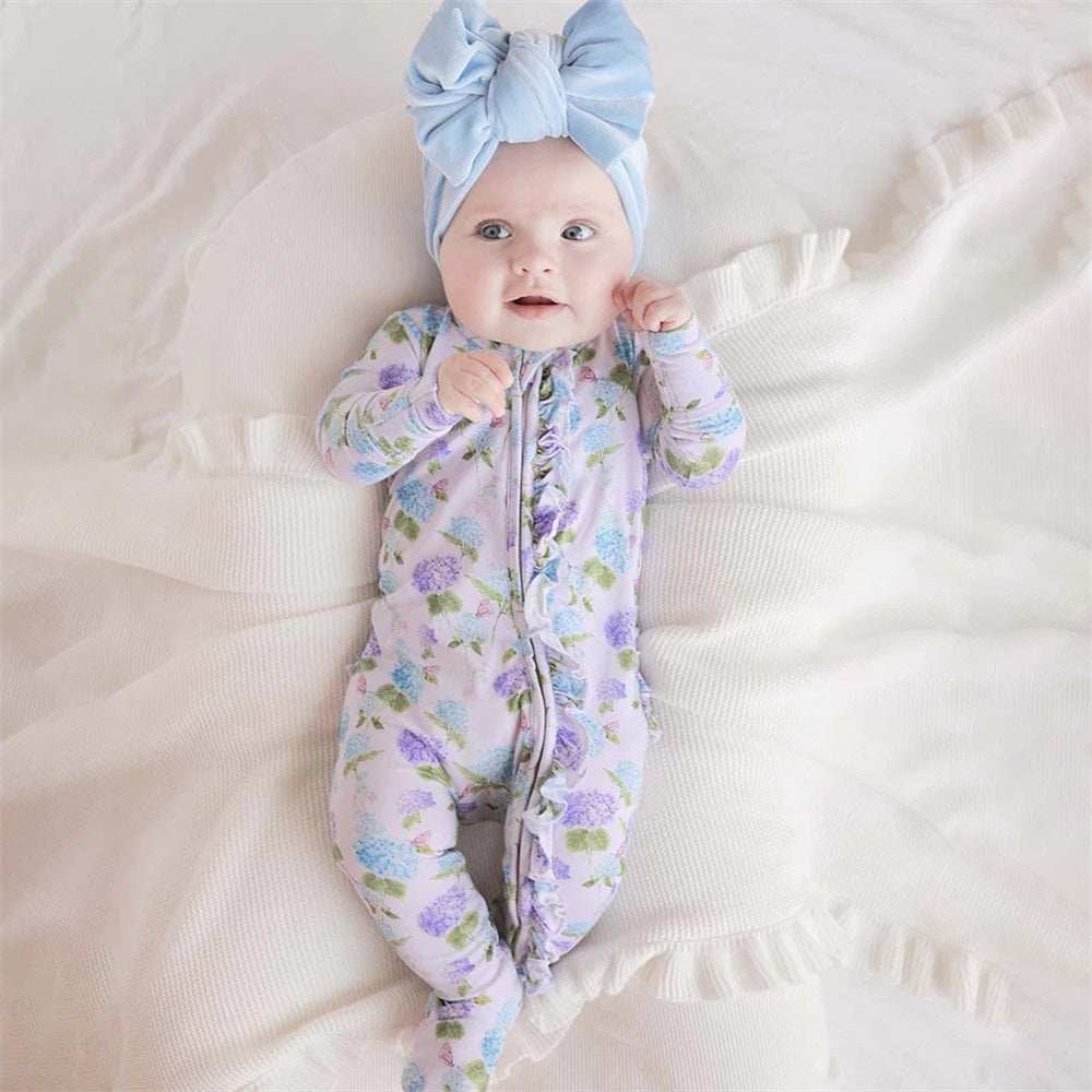 Stylish Floral Printed Long Sleeve Frill Trim Zipper Baby Jumpsuit