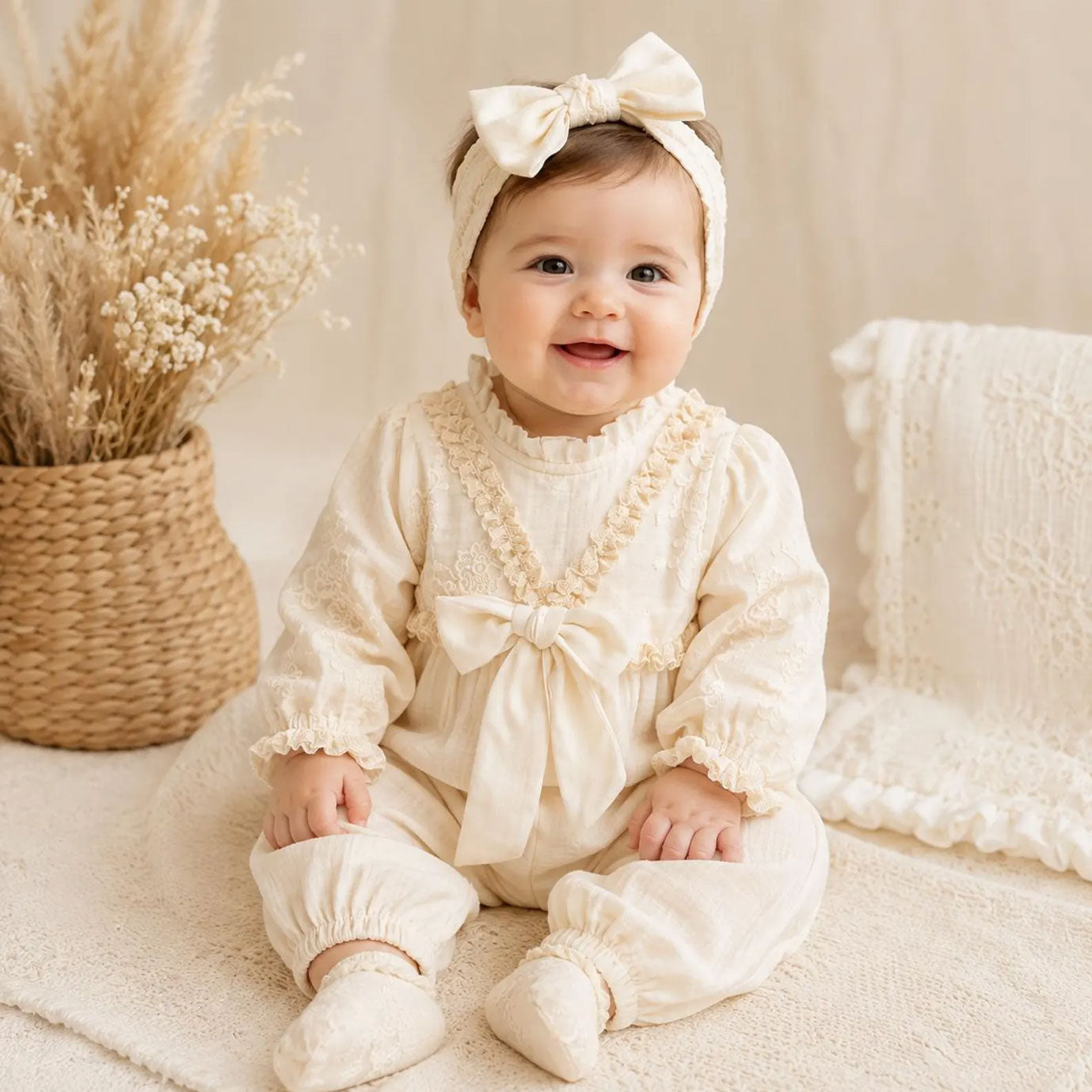 2PCS Delicate Lace Crochet Trim Long Sleeve Baby Girl Jumpsuit
