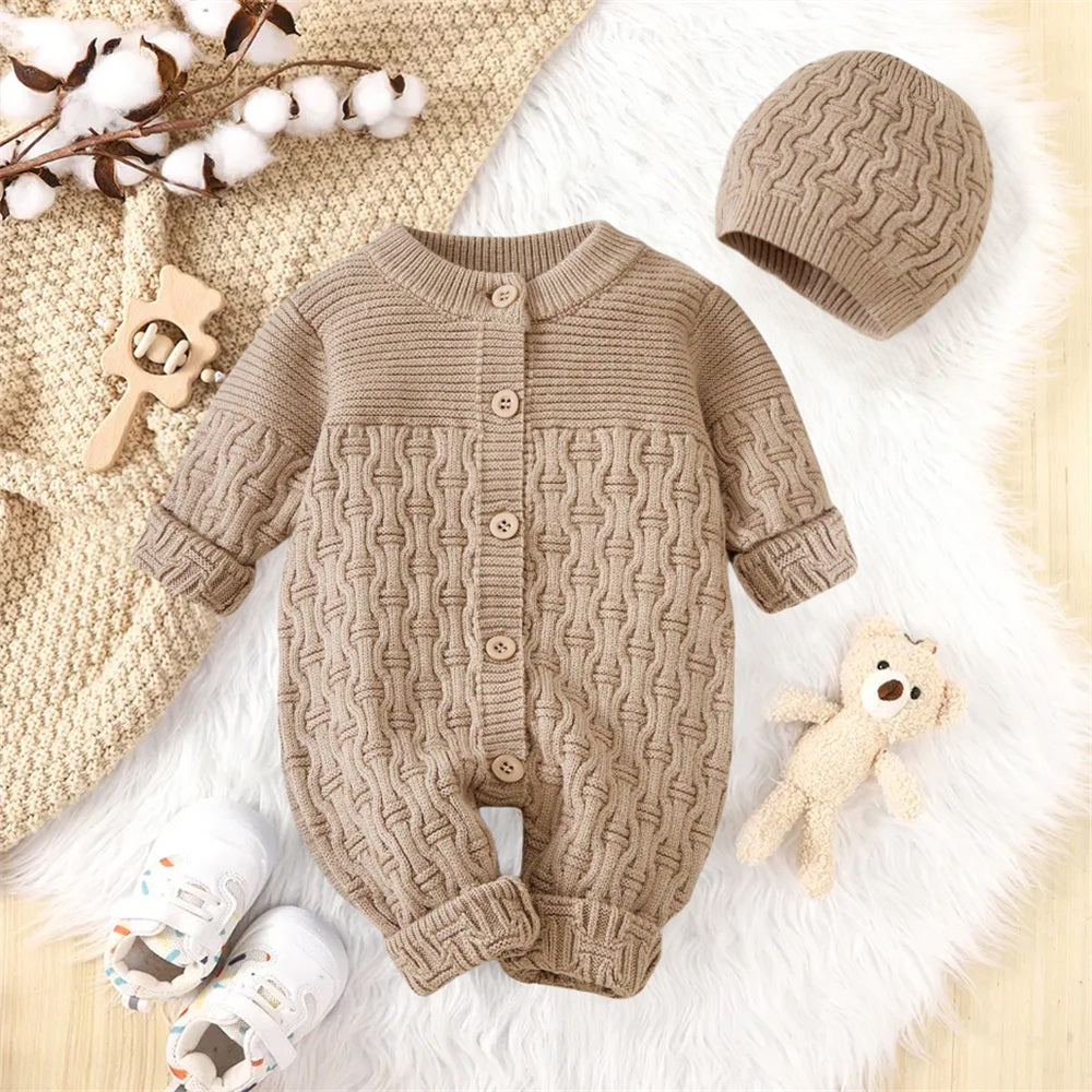2PCS Vintage Solid Color Knitted Texture Baby Jumpsuit