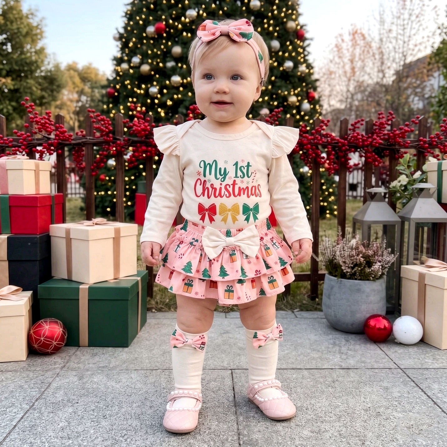 4PCS My 1st Christmas Letter Bow Print Long Sleeve Baby Set