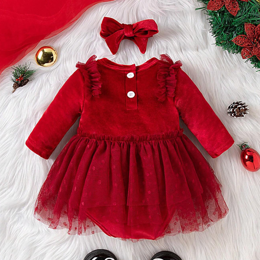 2PCS Christmas Solid Color Mesh Decor Baby Romper