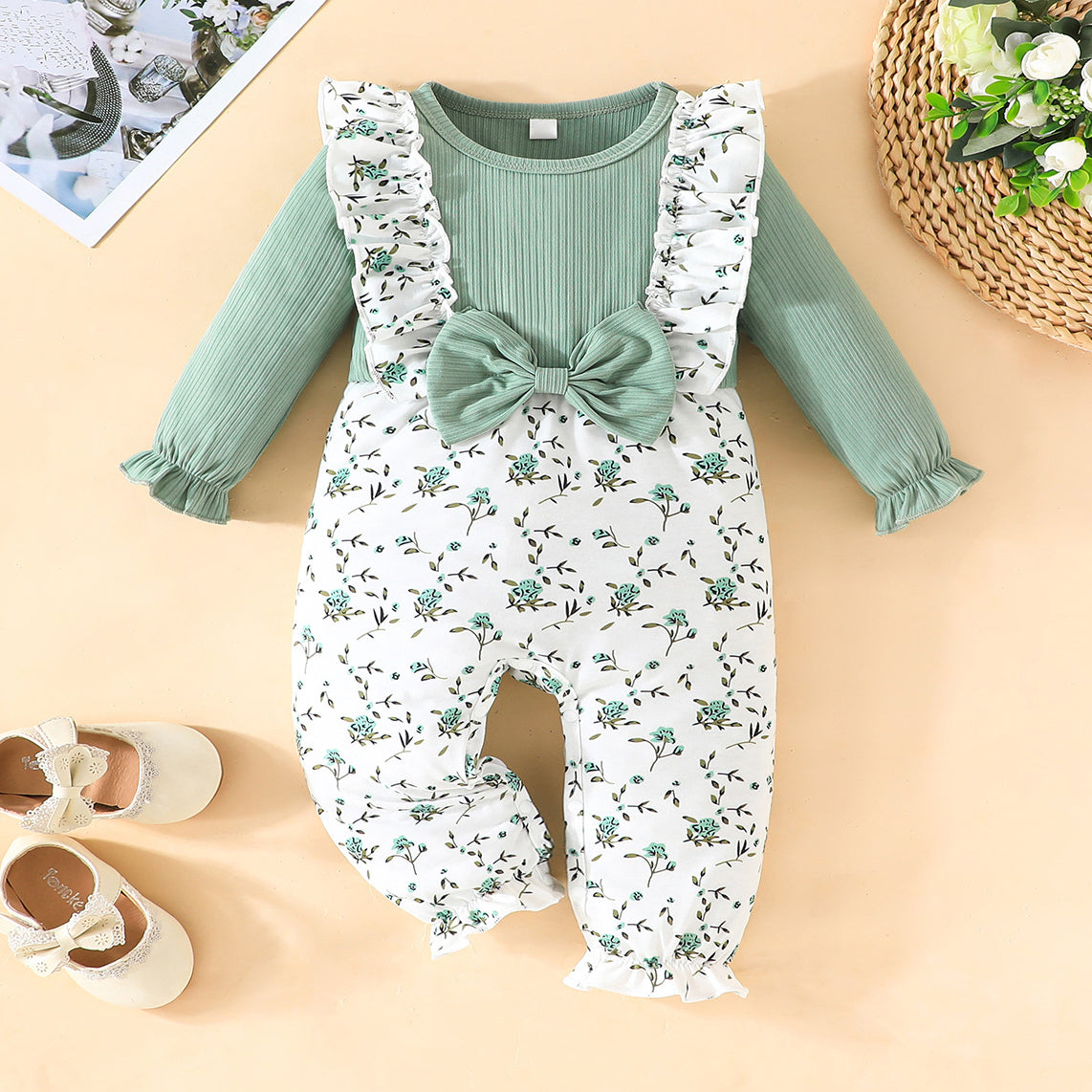 Casual Floral Printed Bow Decoration Long Sleeve Baby Jumpsuit