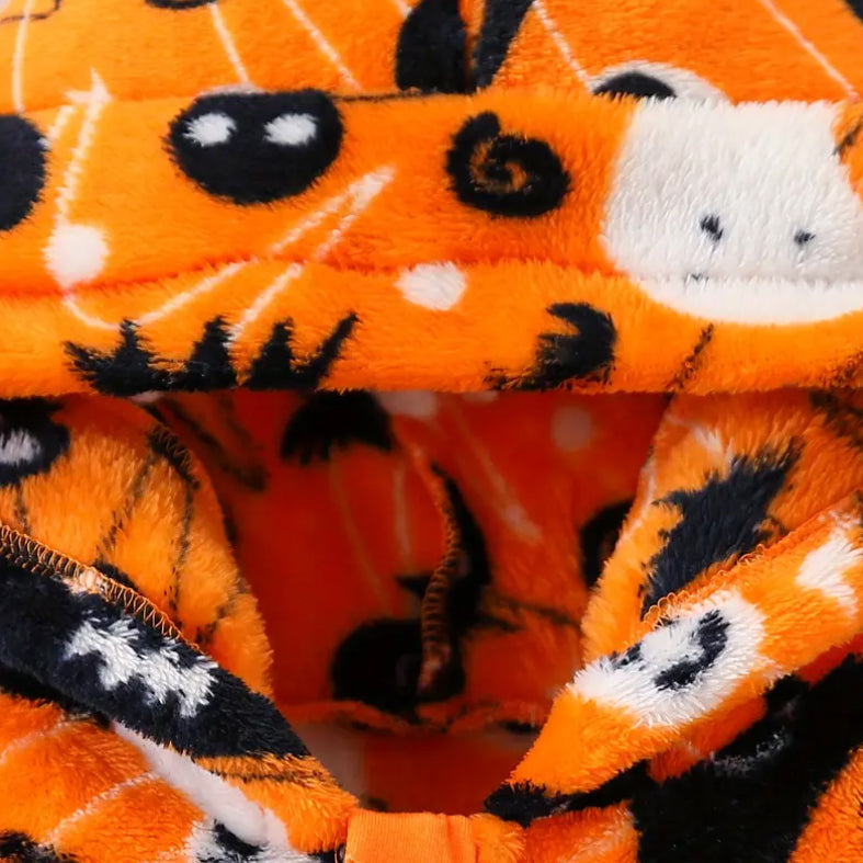 Halloween Pumpkin Print Thickened Plush Hooded Long Sleeve Baby Jumpsuit
