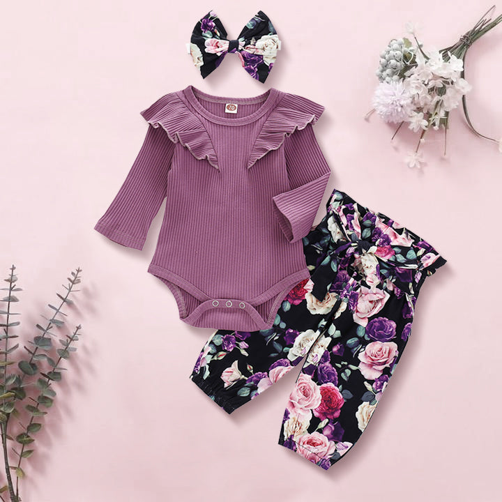 Ensemble 3 pièces pour bébé fille à imprimé floral violet