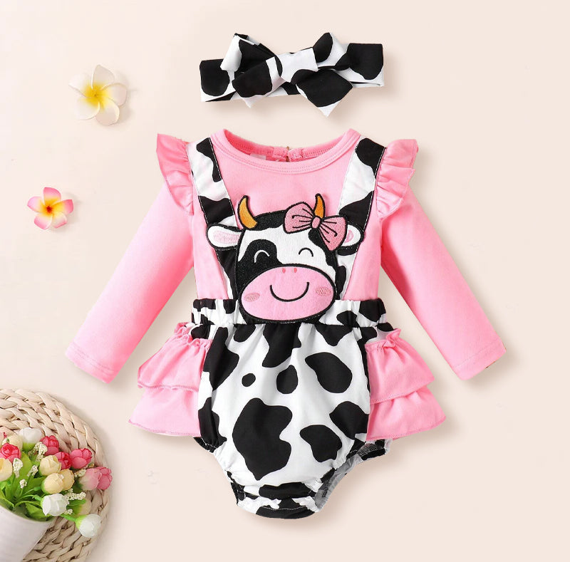 2PCS Lovely Cow Printed Long Sleeve Baby Romper