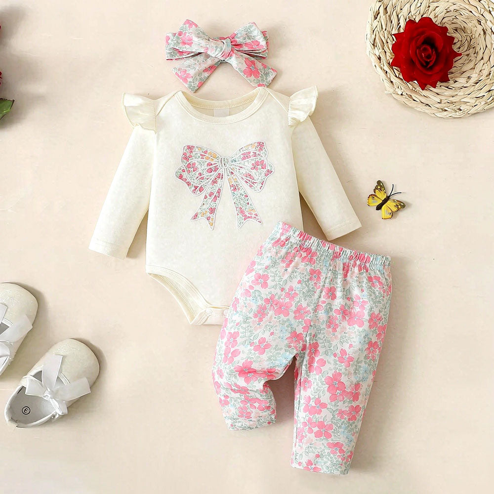 3PCS Pretty Bow Floral Printed Long Sleeve Baby Girl Set